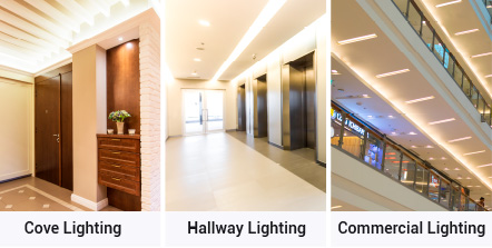 cove lighting and hallway lighting examples using 120V cove light fixtures