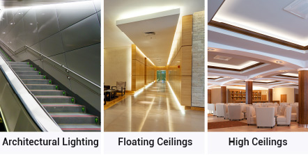 floating and hgh ceilings lighting using 120V cove light fixtures